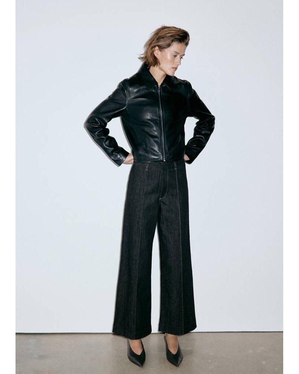 Mango Black High-Waisted Wide Leg Jeans With Stitching
