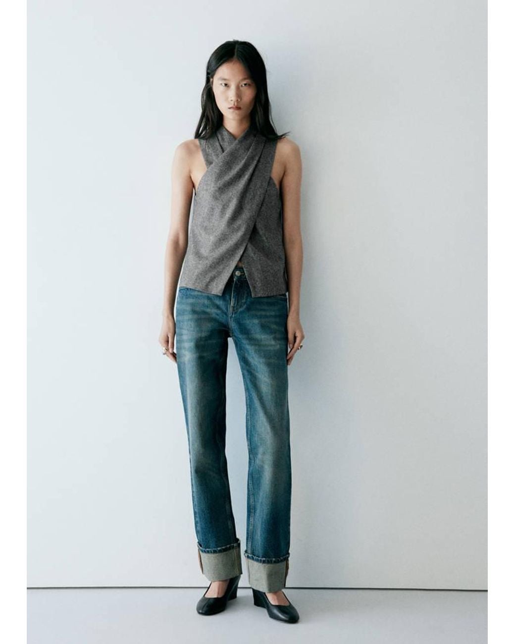 Mango Blue Wrapover Marl Wool Top