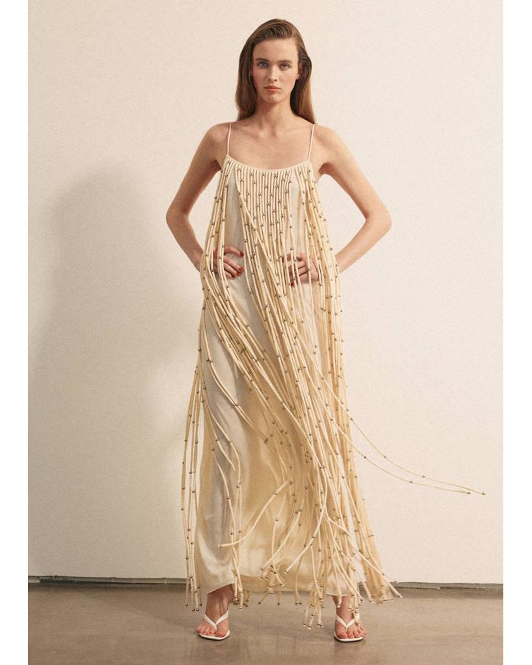 Mango Natural Long Dress With Sphere Tassels