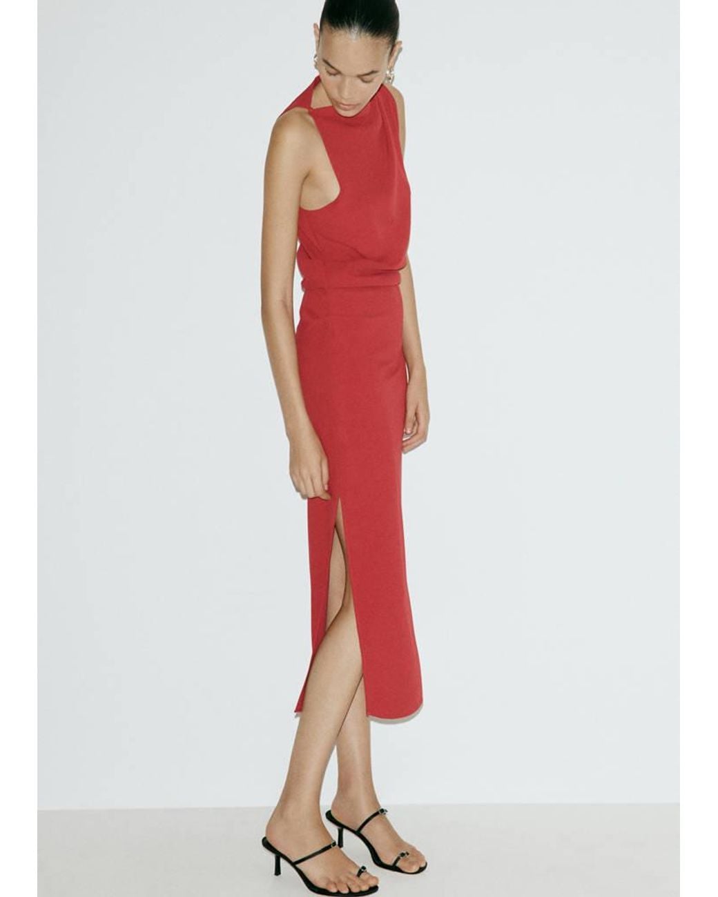 Mango Red Draped Dress With Side-Slit