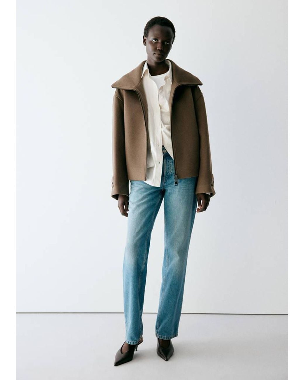 Mango Blue High-Neck Zip-Up Jacket