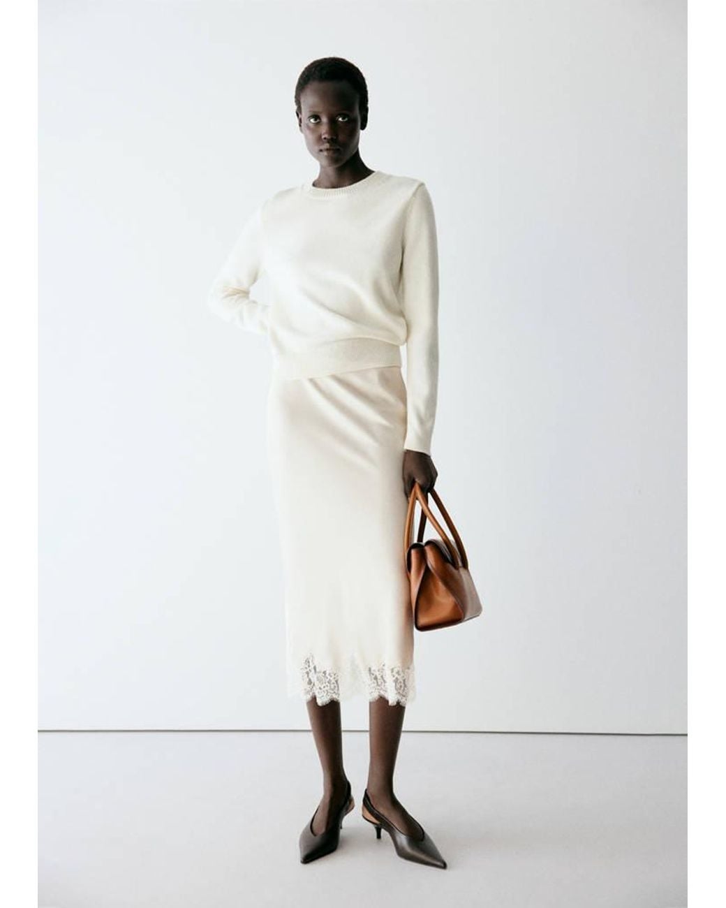 Mango White Round-Neck Knitted Sweater