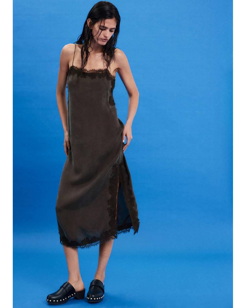 Mango Blue Lace Slip Dress With Side Split