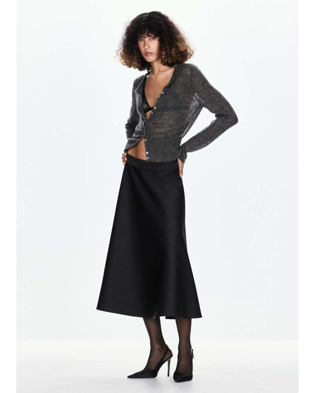 Mango Black Flared Midi-Skirt