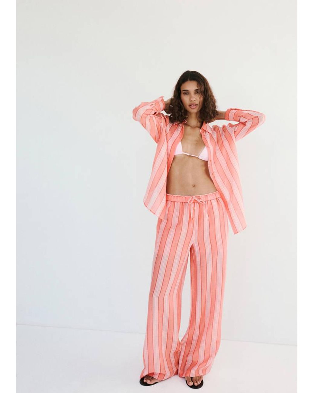 Pantaloni Diritti Righe Arancione di Mango in Pink
