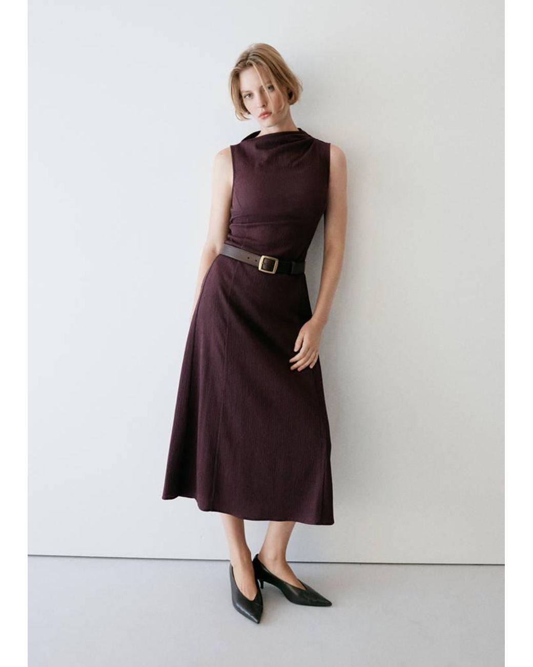 Mango White Textured Dress With Gathered Details