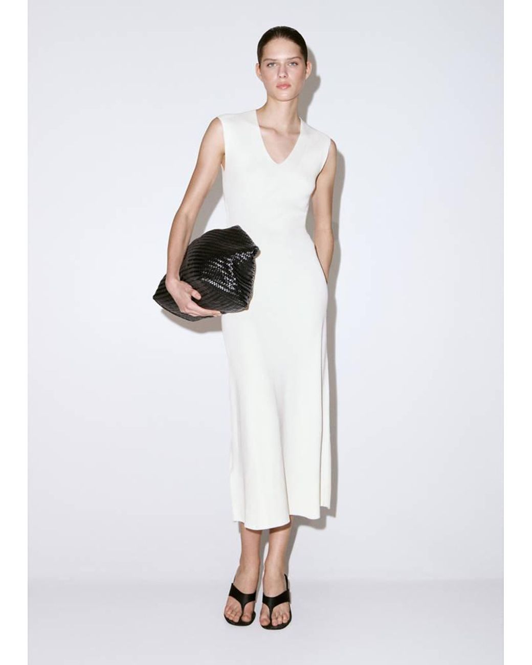 Mango White V-Neck Knitted Dress
