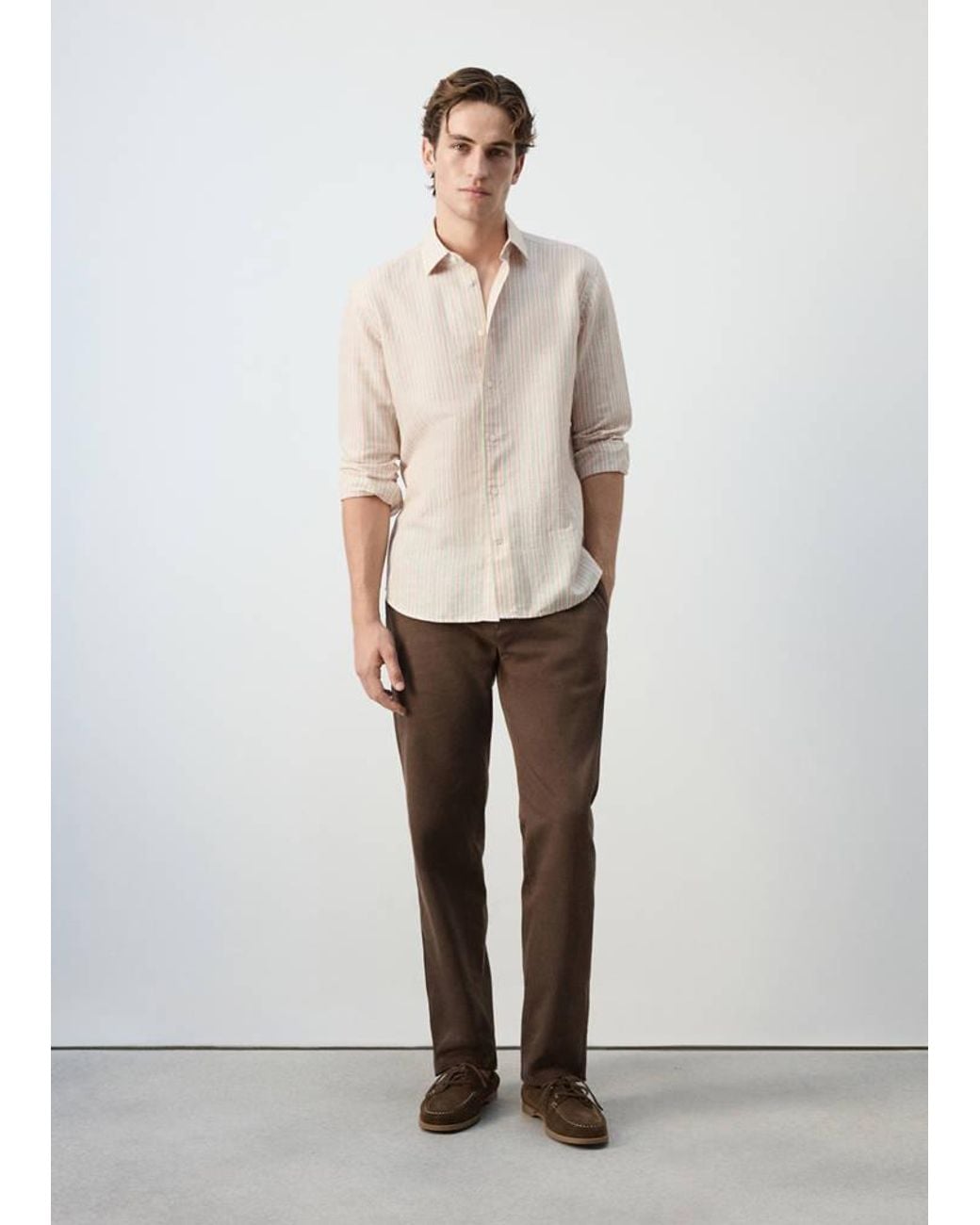Mango White Linen-Cotton Blend Stripe Shirt for men