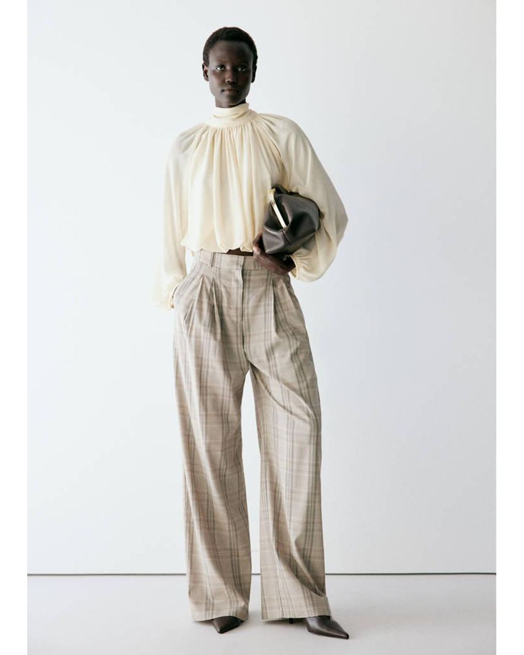 Mango White Gathered High-Neck Blouse