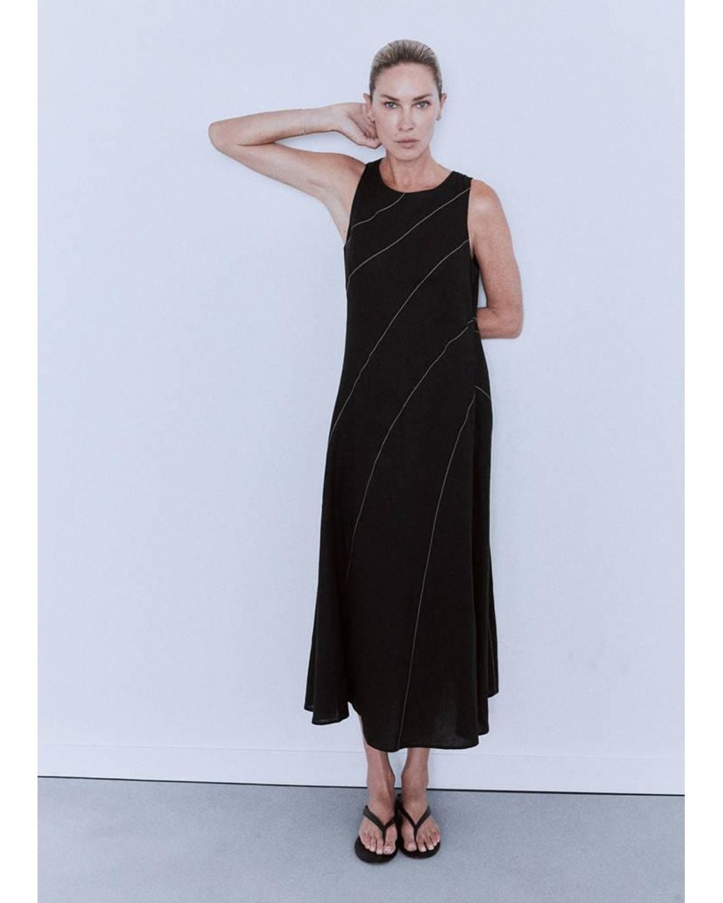 Mango Black Linen Dress With Contrast Stitching
