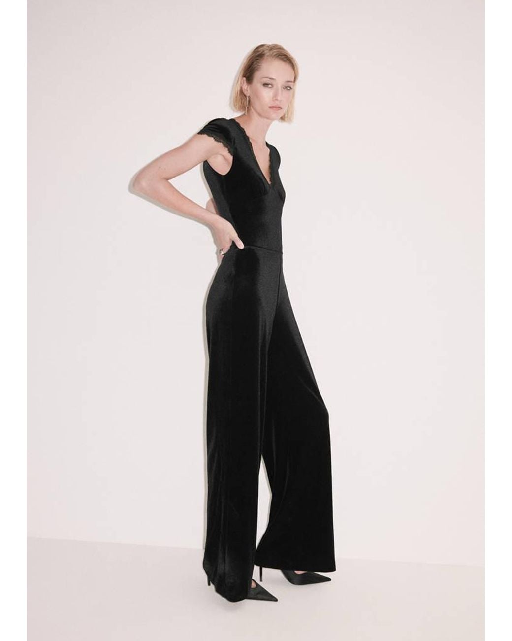 Mango Natural V-Neck Velvet Jumpsuit
