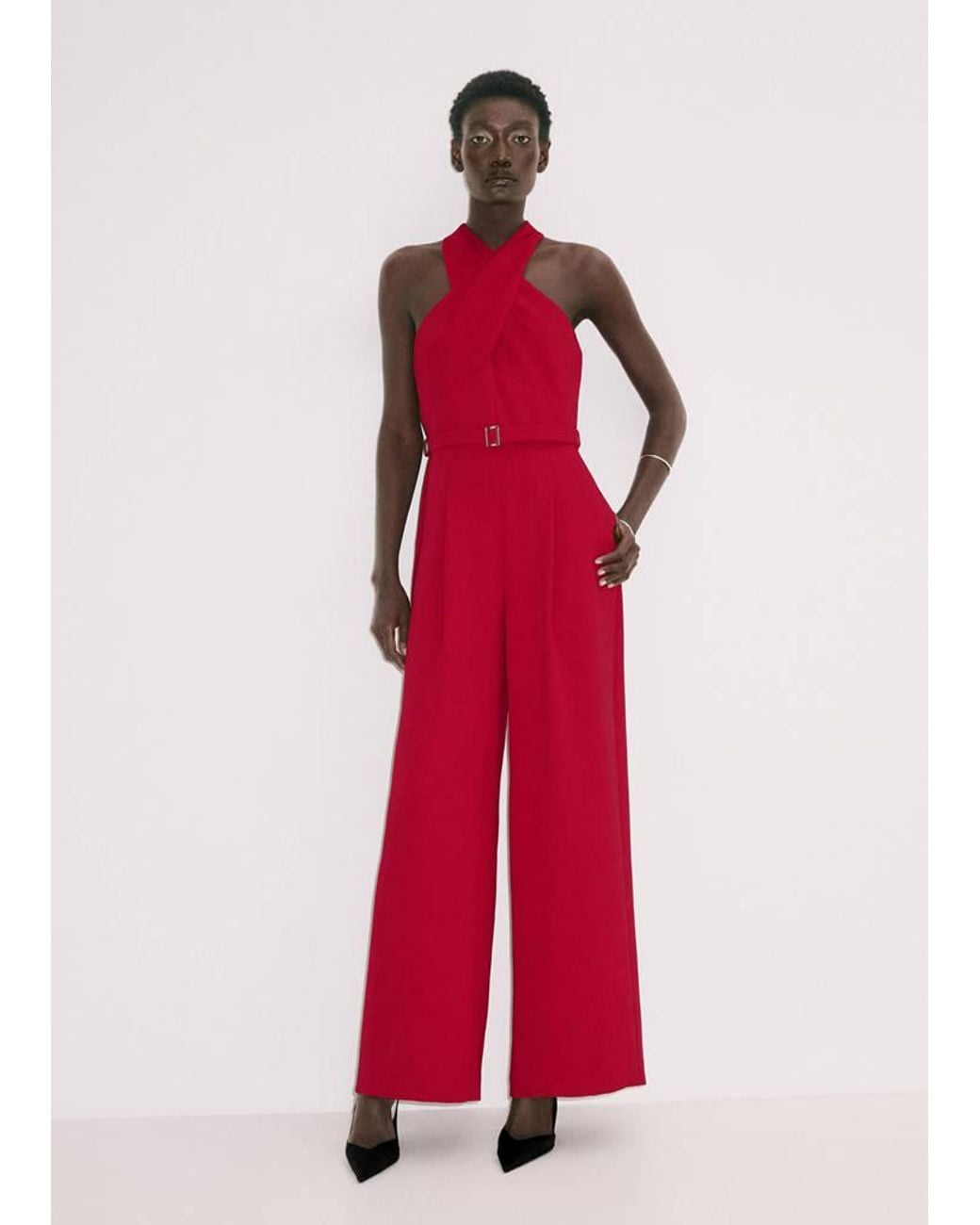 Mango Red Jumpsuit With Crossover Collar And Belt