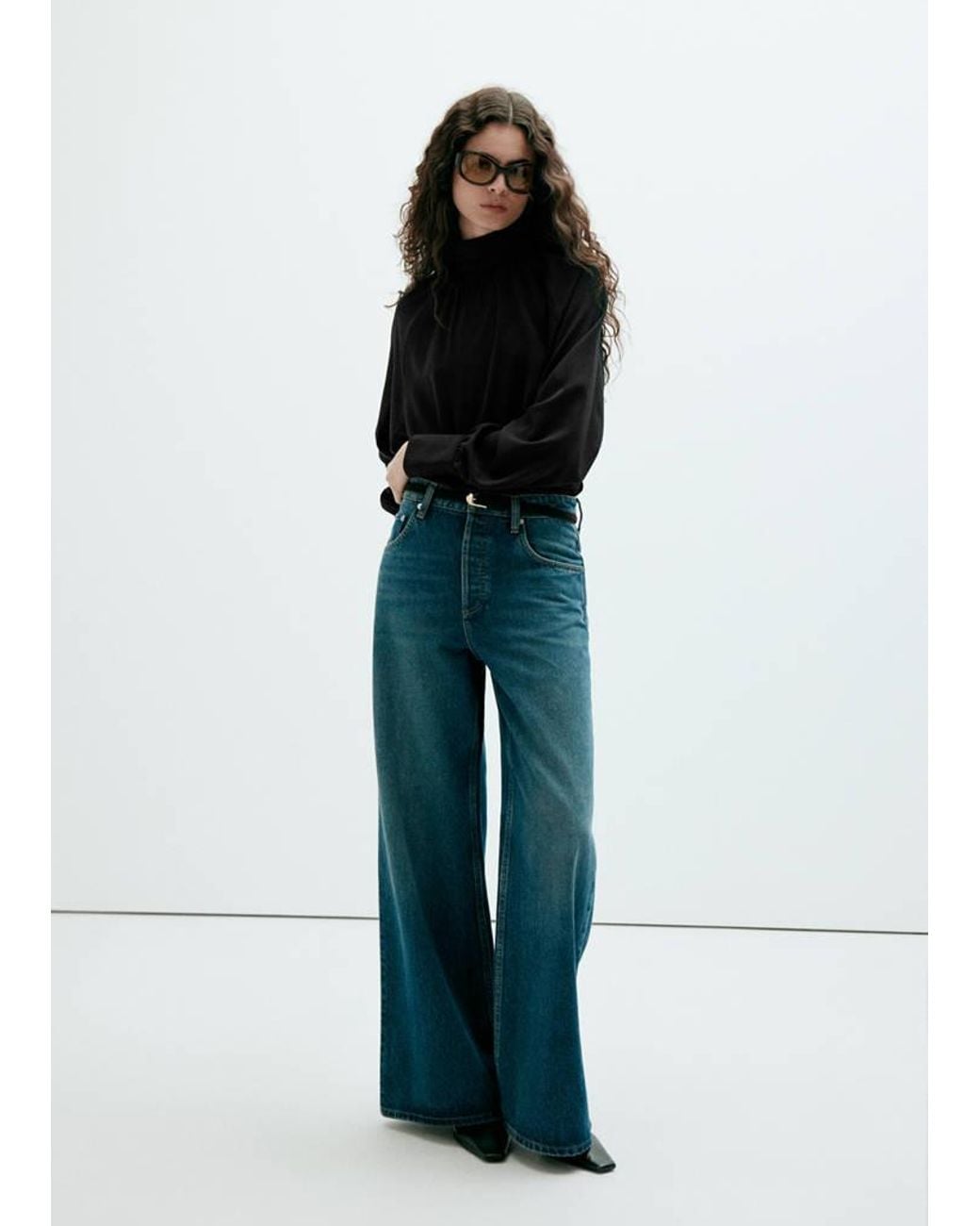 Mango Blue Ruched Roll-Neck Blouse