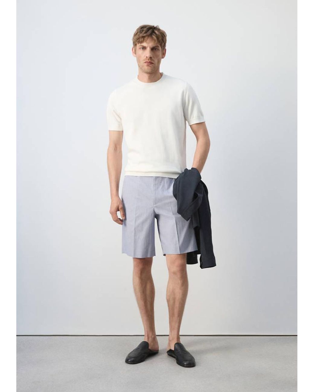 Mango White Slim Fit Cotton Blend Bermuda Shorts for men
