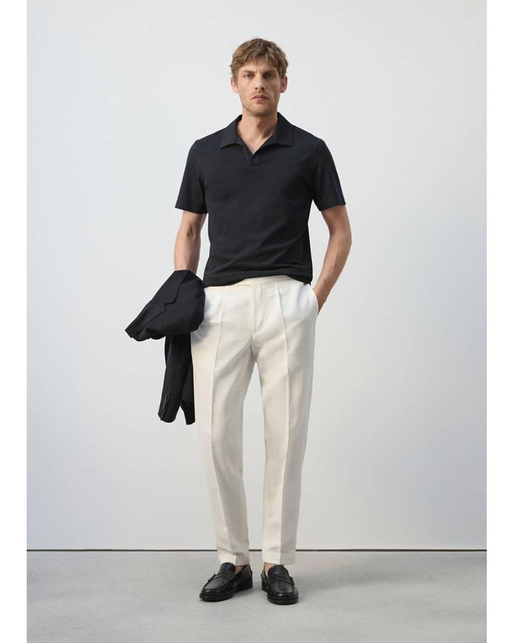 Mango White Slim Fit Cotton Piqué Blend Polo for men