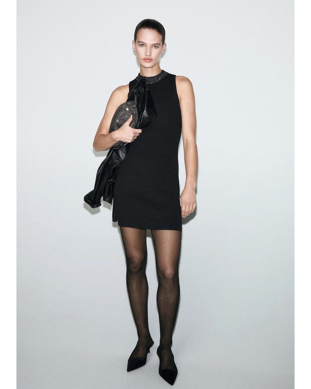 Mango Knitted Dress With Sequin Collar in Black | Lyst
