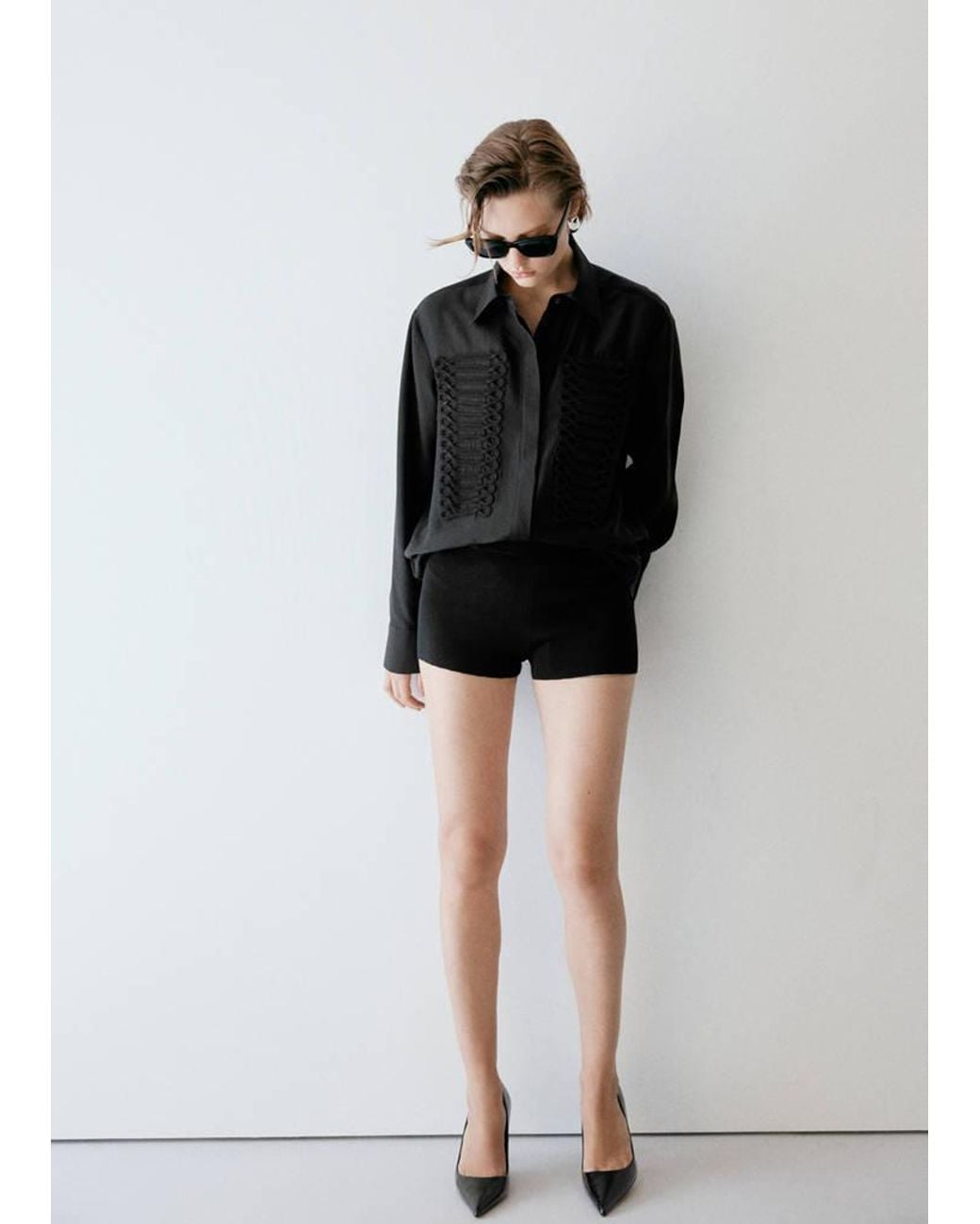 Mango Black Lyocell Shirt With Decorative Frog Fastenings
