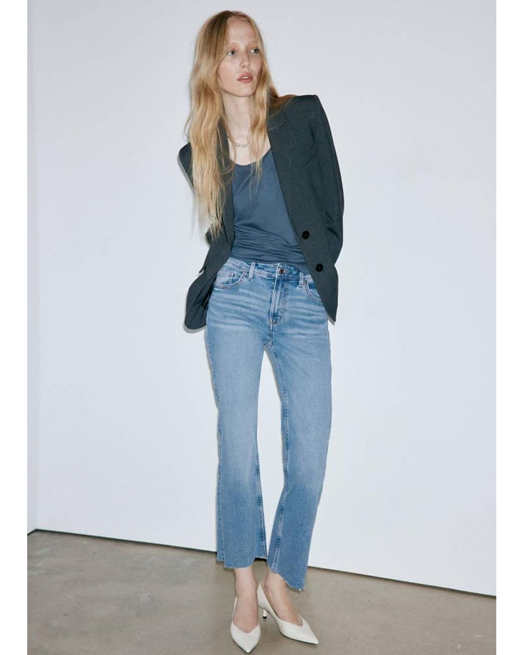 Mango Blue Sienna Flared Cropped Jeans