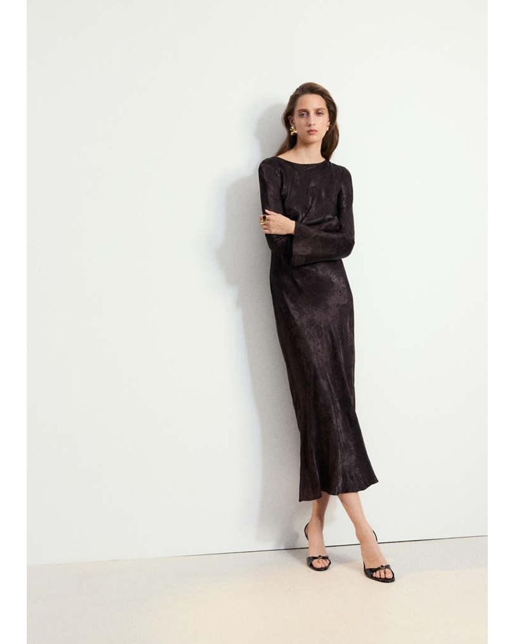 Mango Black Jacquard Dress With Flared Sleeves