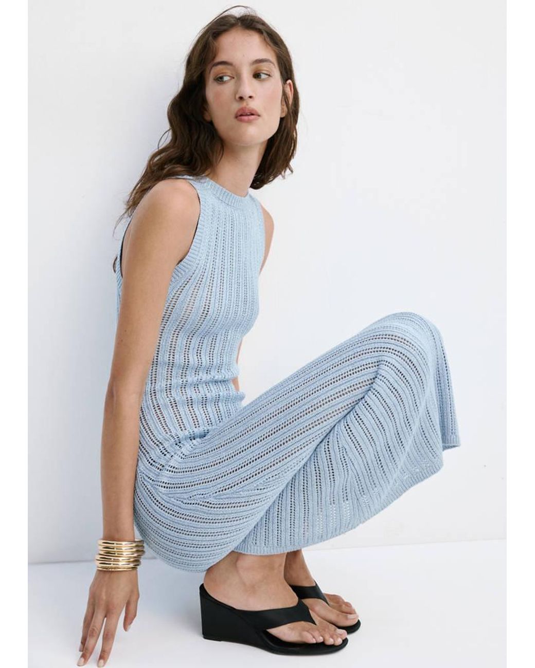 Mango Blue Long Openwork Knitted Dress