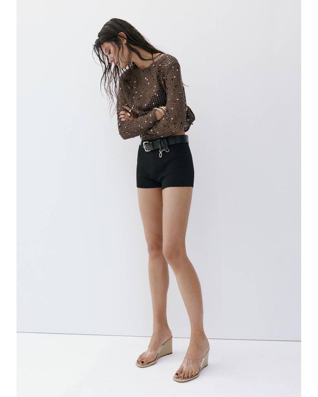 Mango Brown Sequin Crochet Sweater