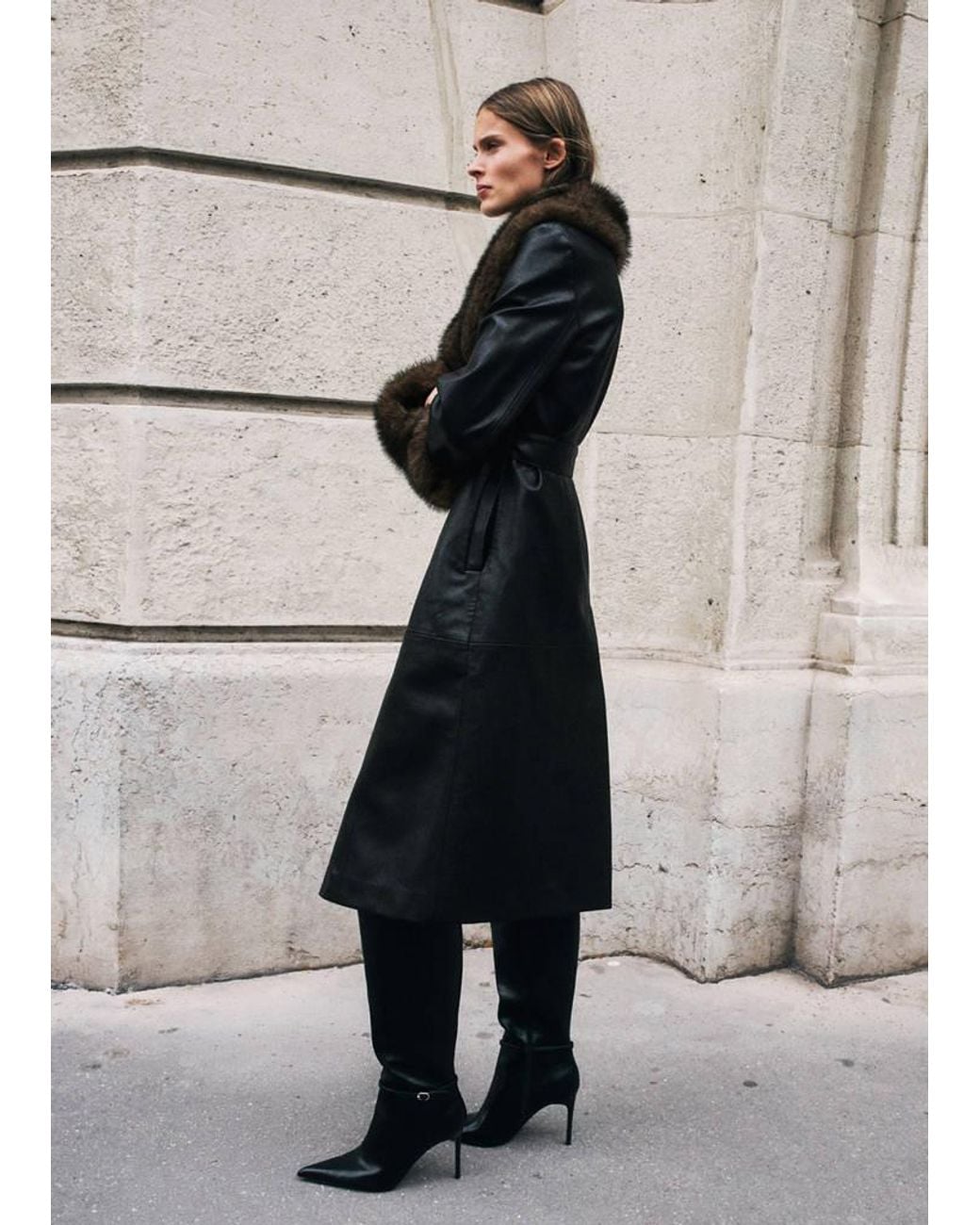 Mango Black Faux-Leather Coat With Fur-Effect Trim