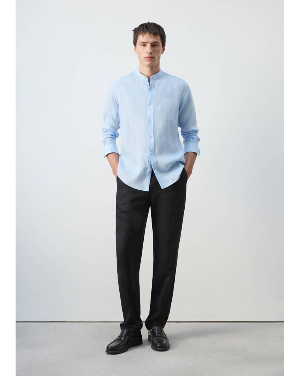Mango White 100% Linen Mao Collar Shirt for men