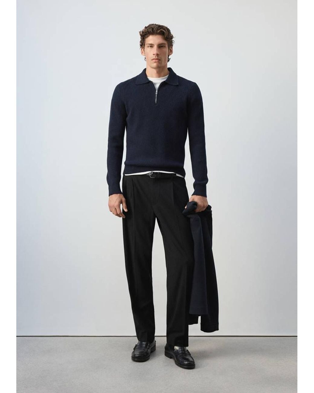 Mango Blue Ribbed Wool-Cotton Blend Polo Shirt for men