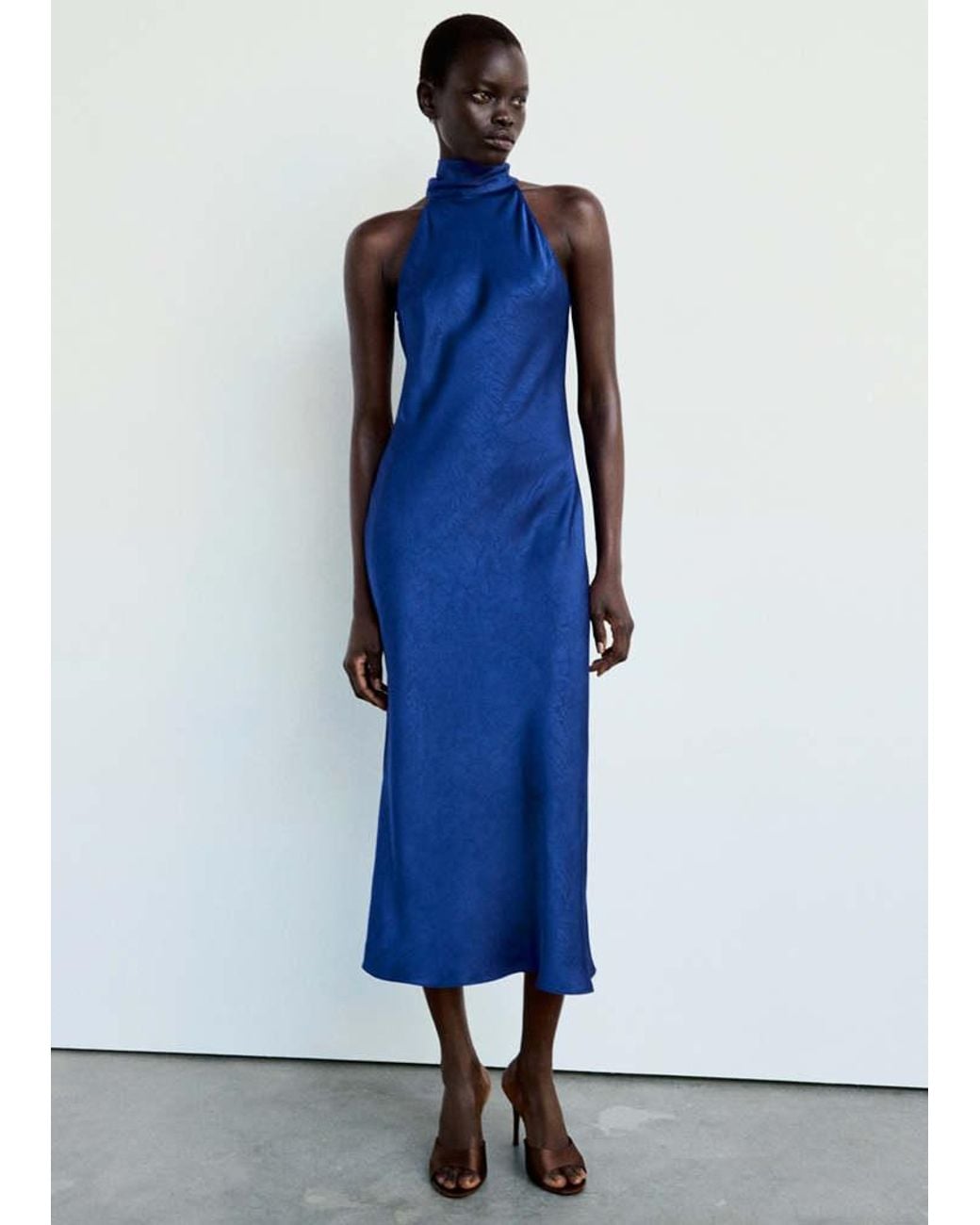 Mango Blue Satin Halter Neck Dress