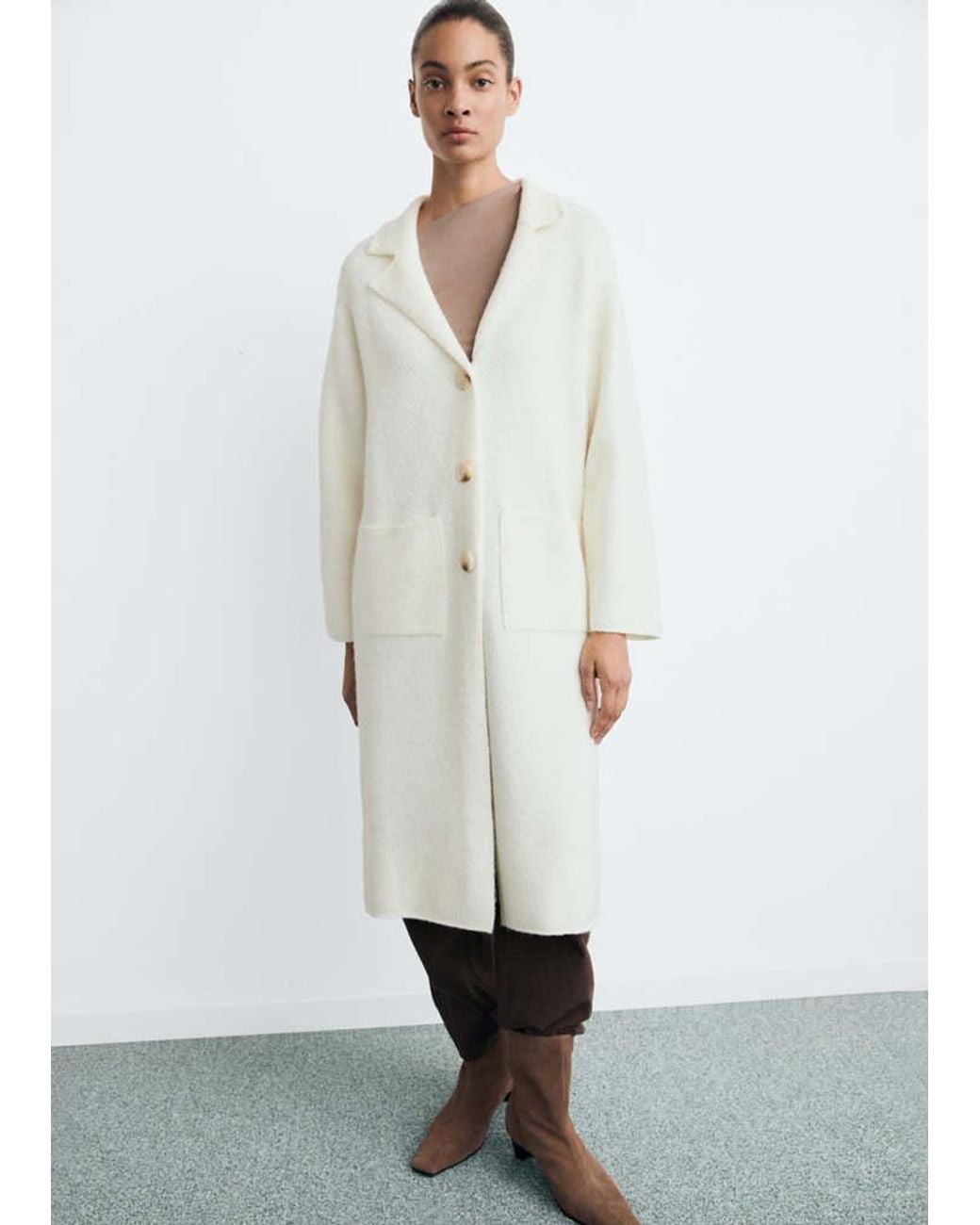 Mango White Knitted Coat With Pockets Ecru