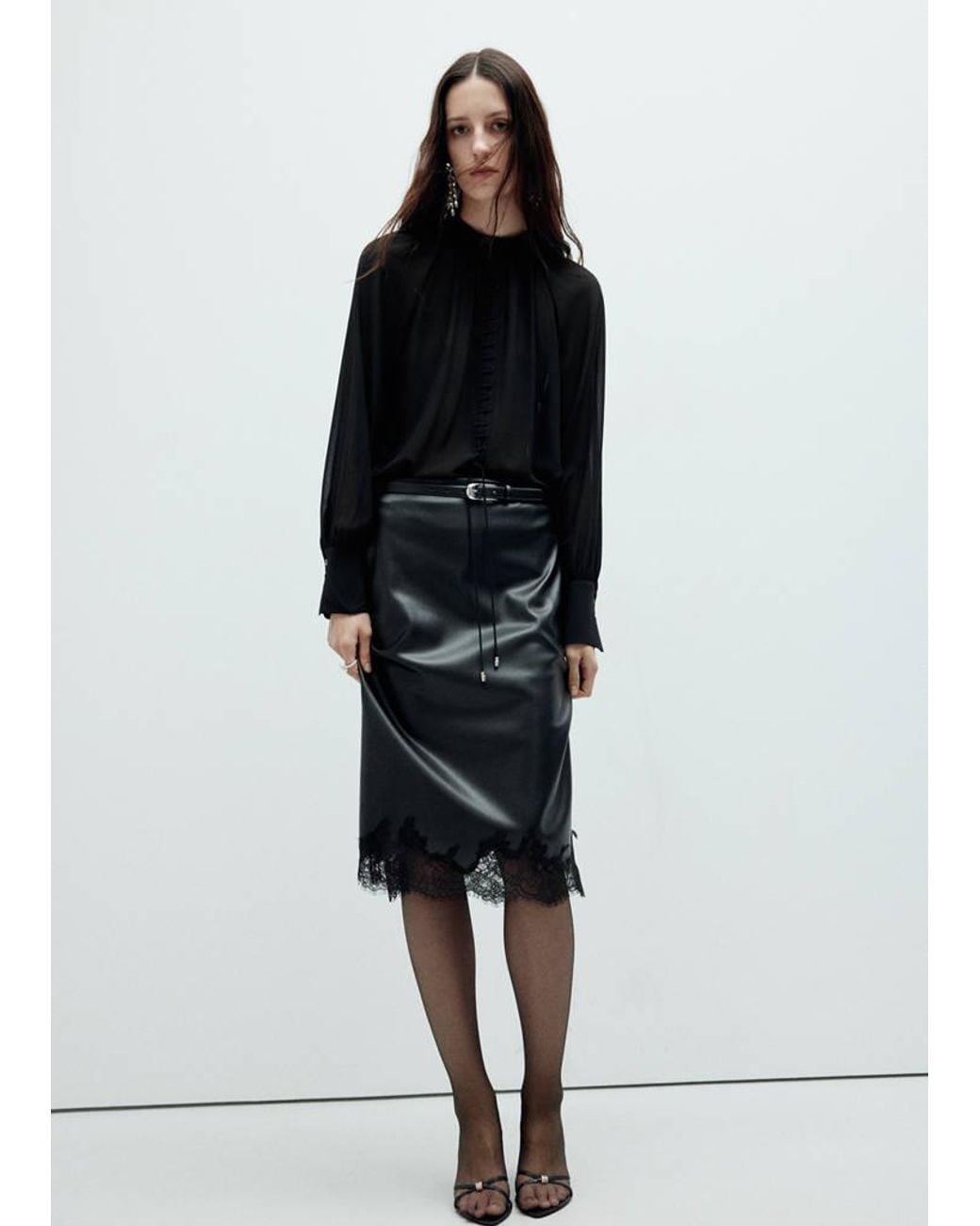 Mango Black Semi-Sheer Blouse With Crisscross Straps