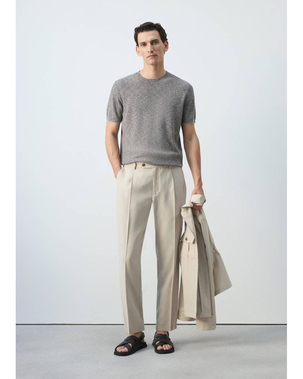 Mango White Ribbed Cotton-Linen Blend T-Shirt for men