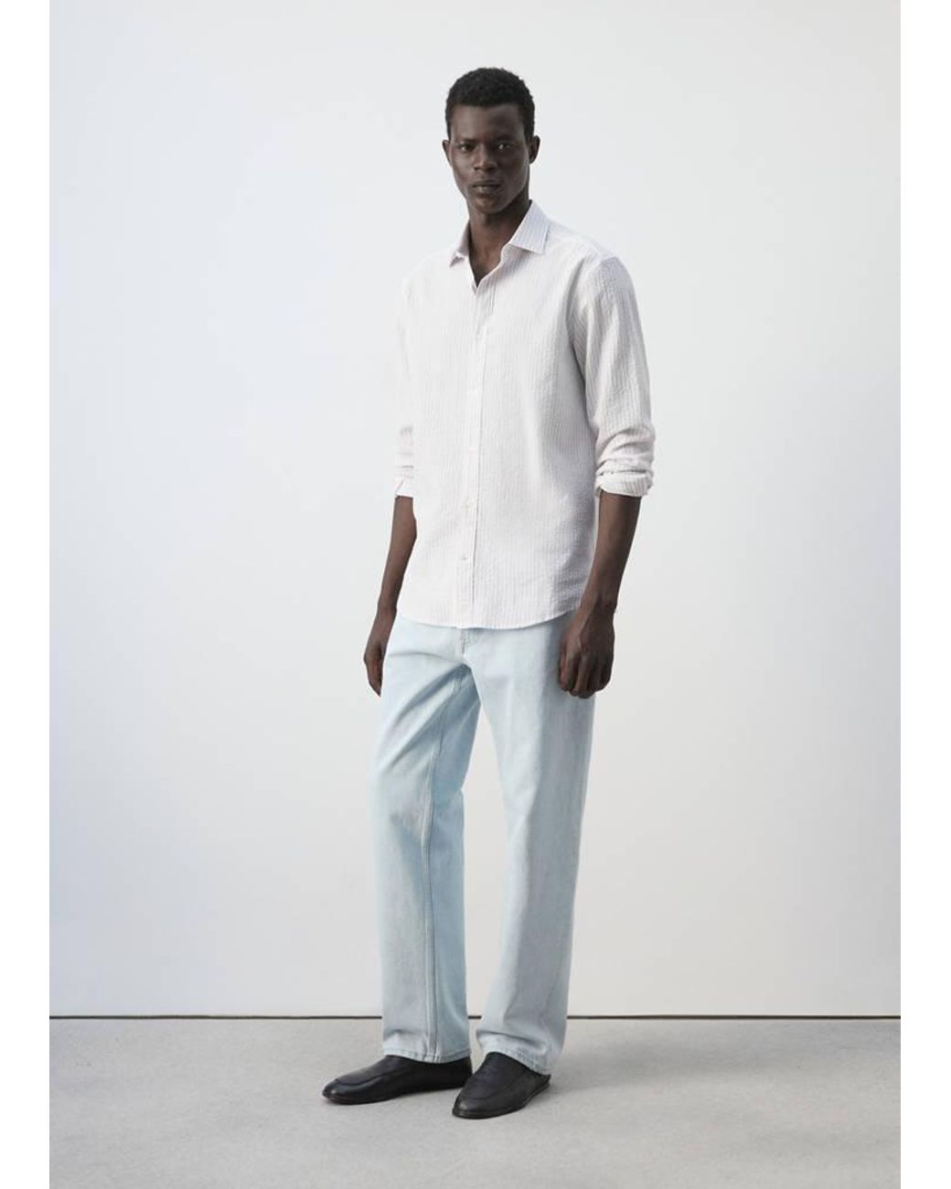 Mango Gray Seersucker Striped Texture Shirt for men