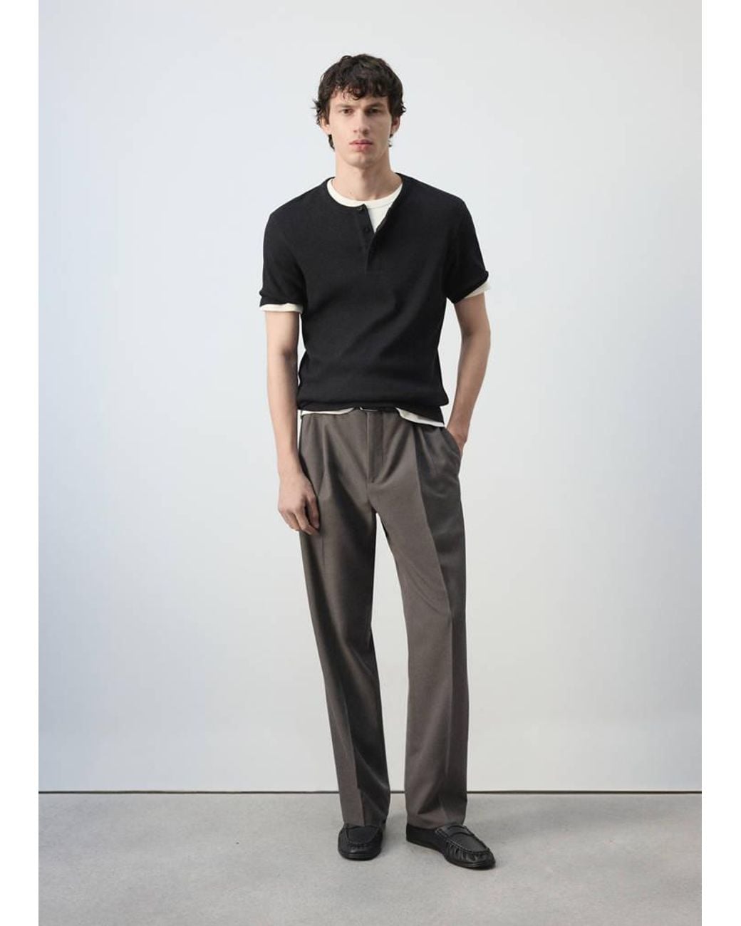 Mango Black Ribbed Cotton T-Shirt With Baker's Collar for men