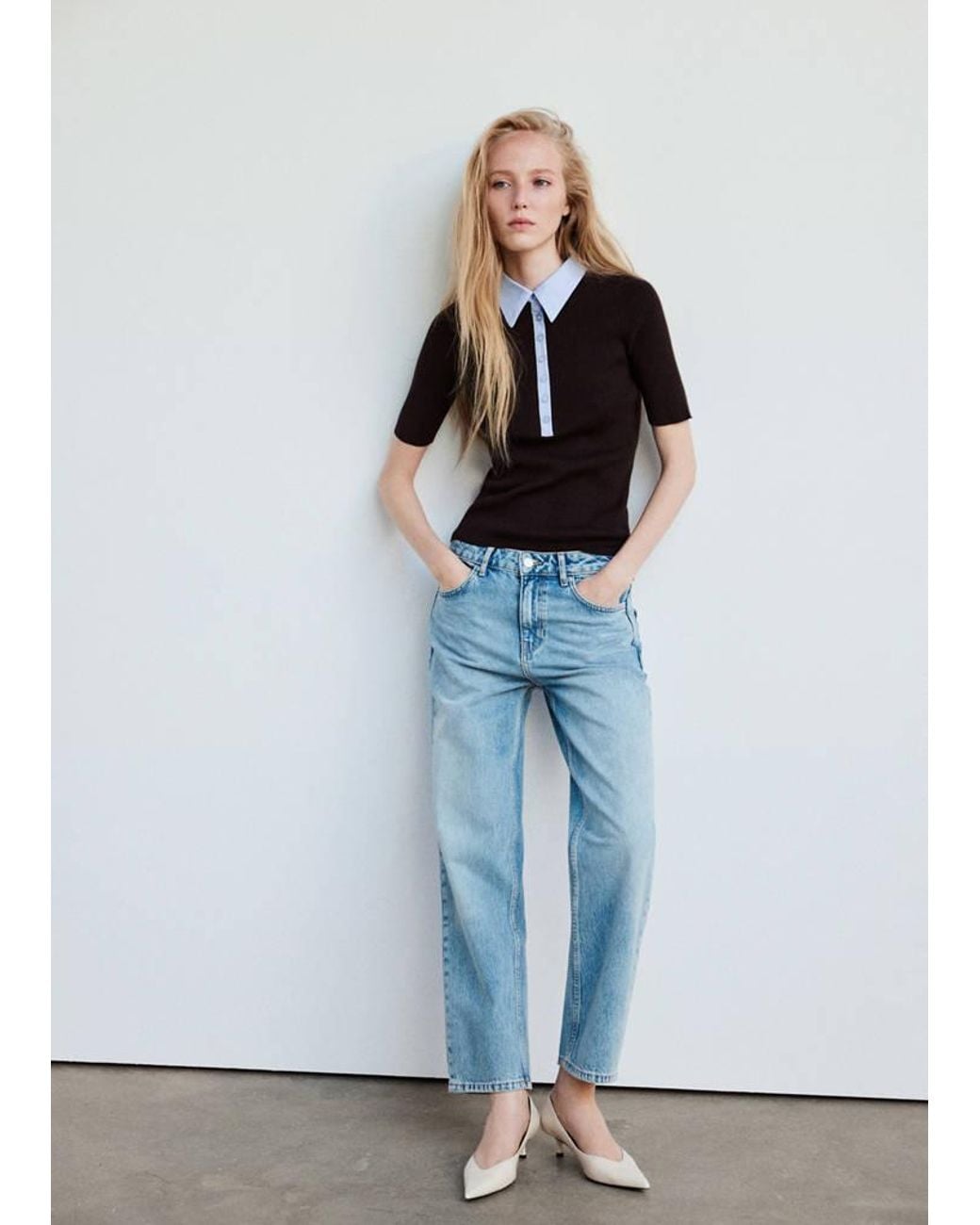 Mango Blue Ribbed Jersey With Contrast Collar