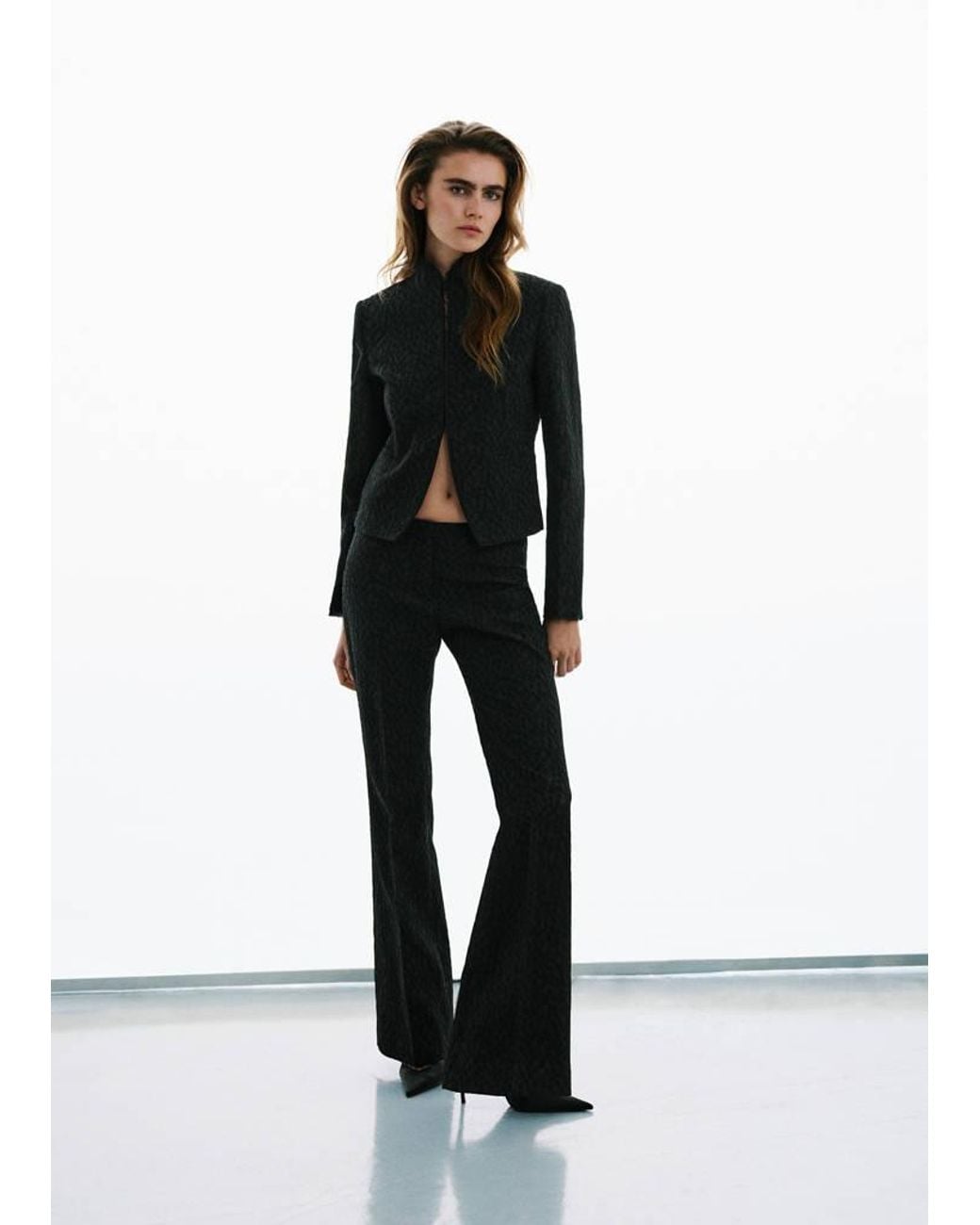 Mango Black Jacquard Jacket With Stand Collar