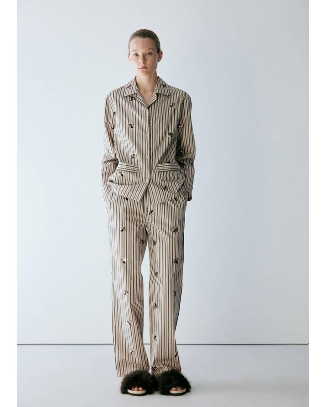 Mango Multicolor Striped Pyjama Trousers With Embroidered Flowers And Sequins