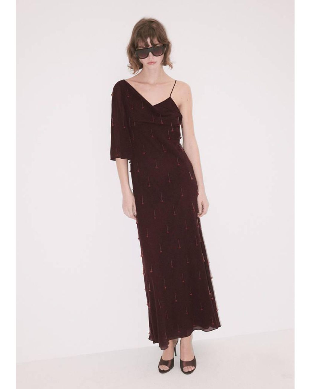 Mango Purple Asymmetric Dress With Fringes And Embellishments