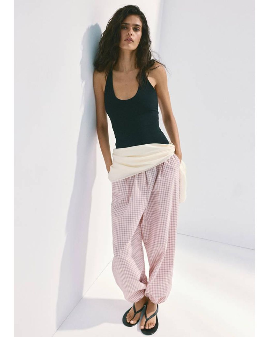 Mango Pink Checked Plaid Baggy Trousers
