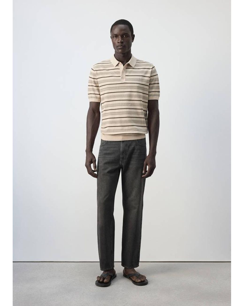Mango White Cotton Blend Striped Knit Polo for men