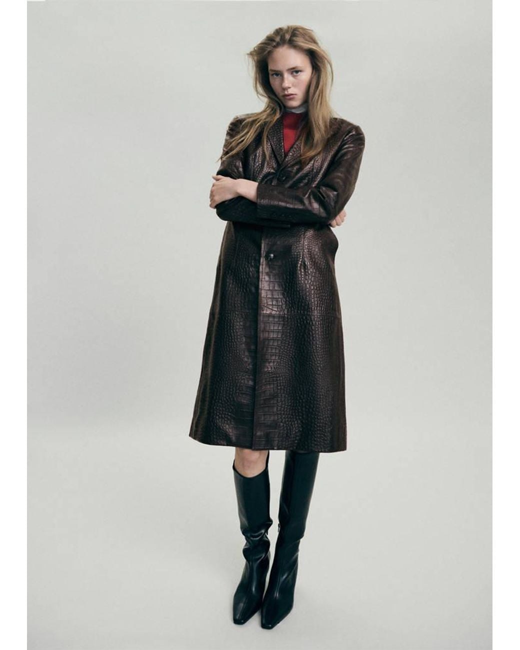 Mango Brown Croc-Embossed Faux Fur Coat