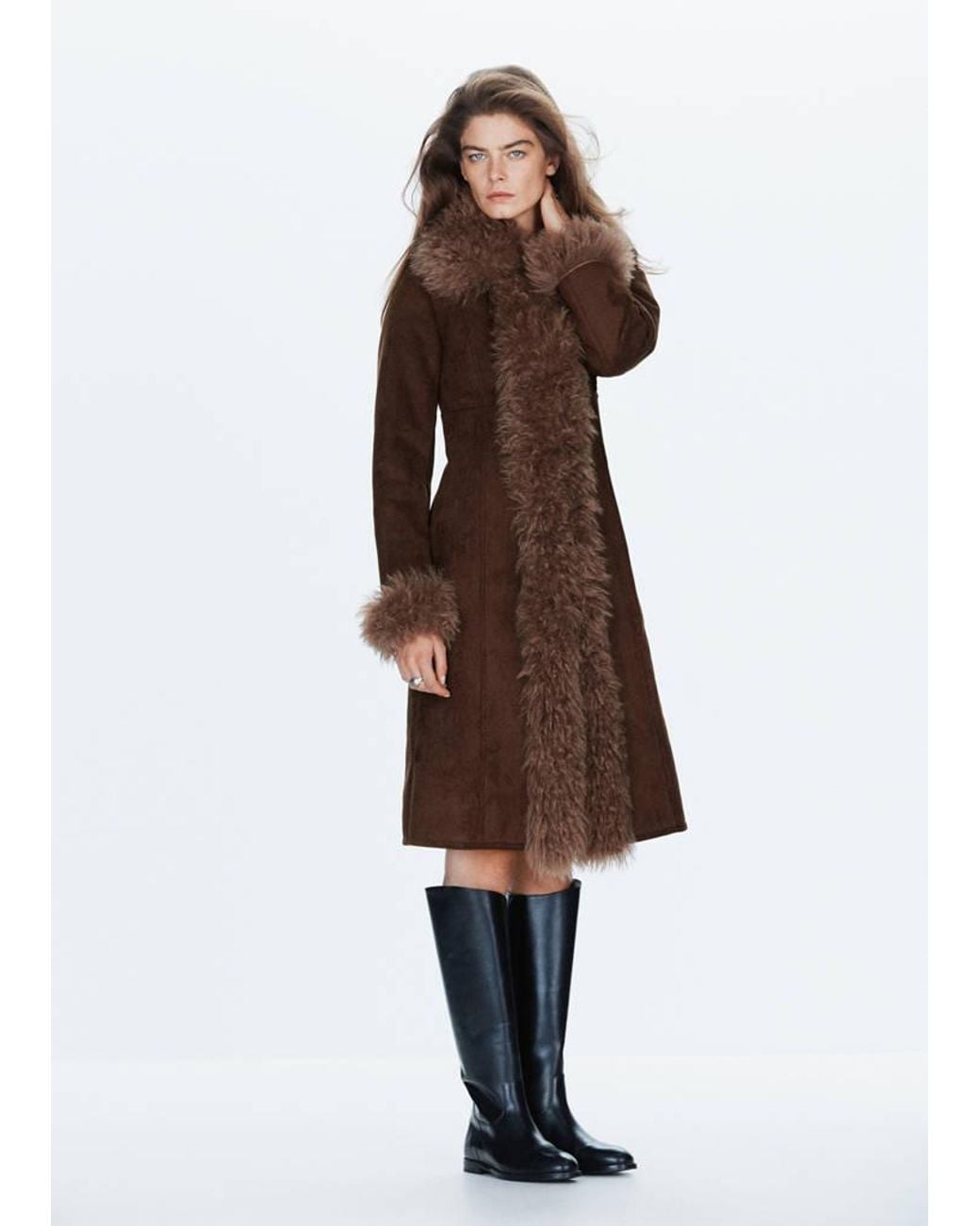 Mango Brown Fitted Coat With Faux Fur Trim