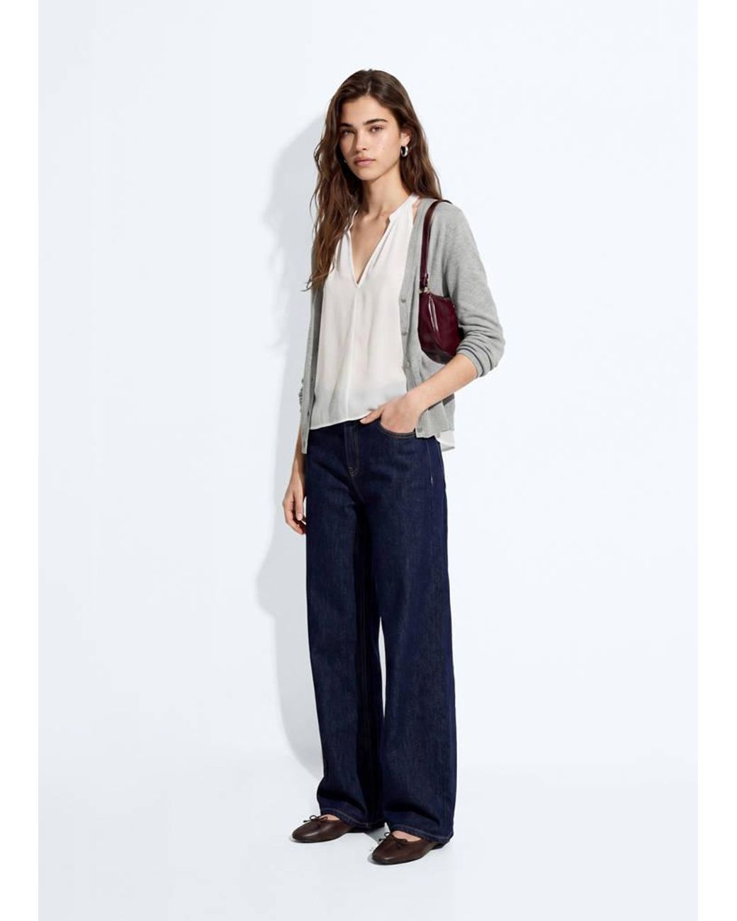 MANGO TEEN White V-Neck Knitted Cardigan