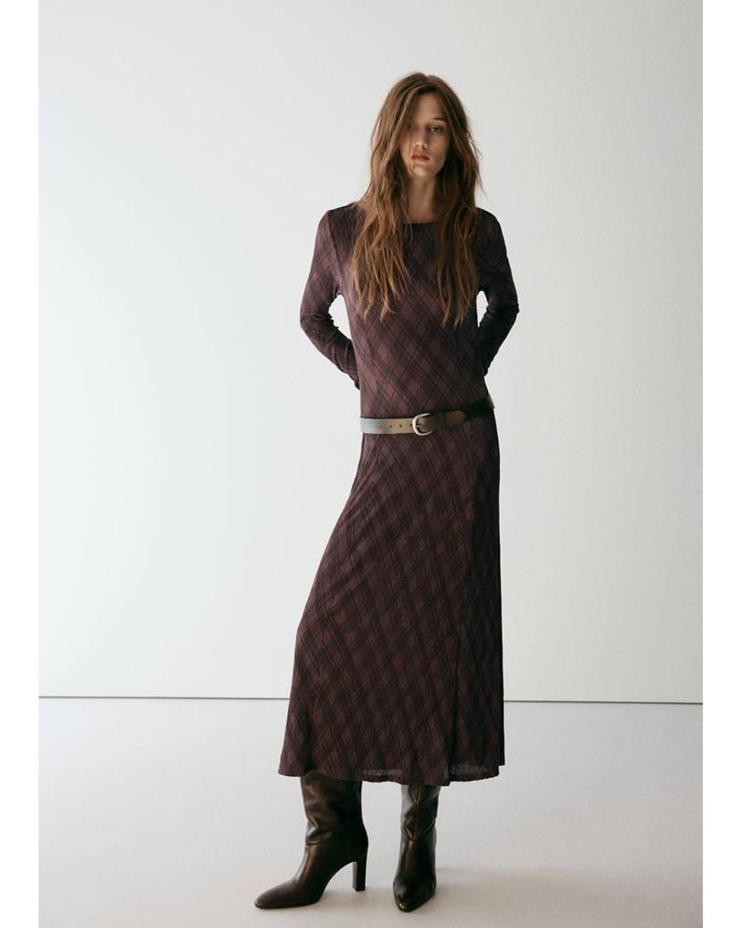 Mango Brown Long-Sleeved Checked Dress