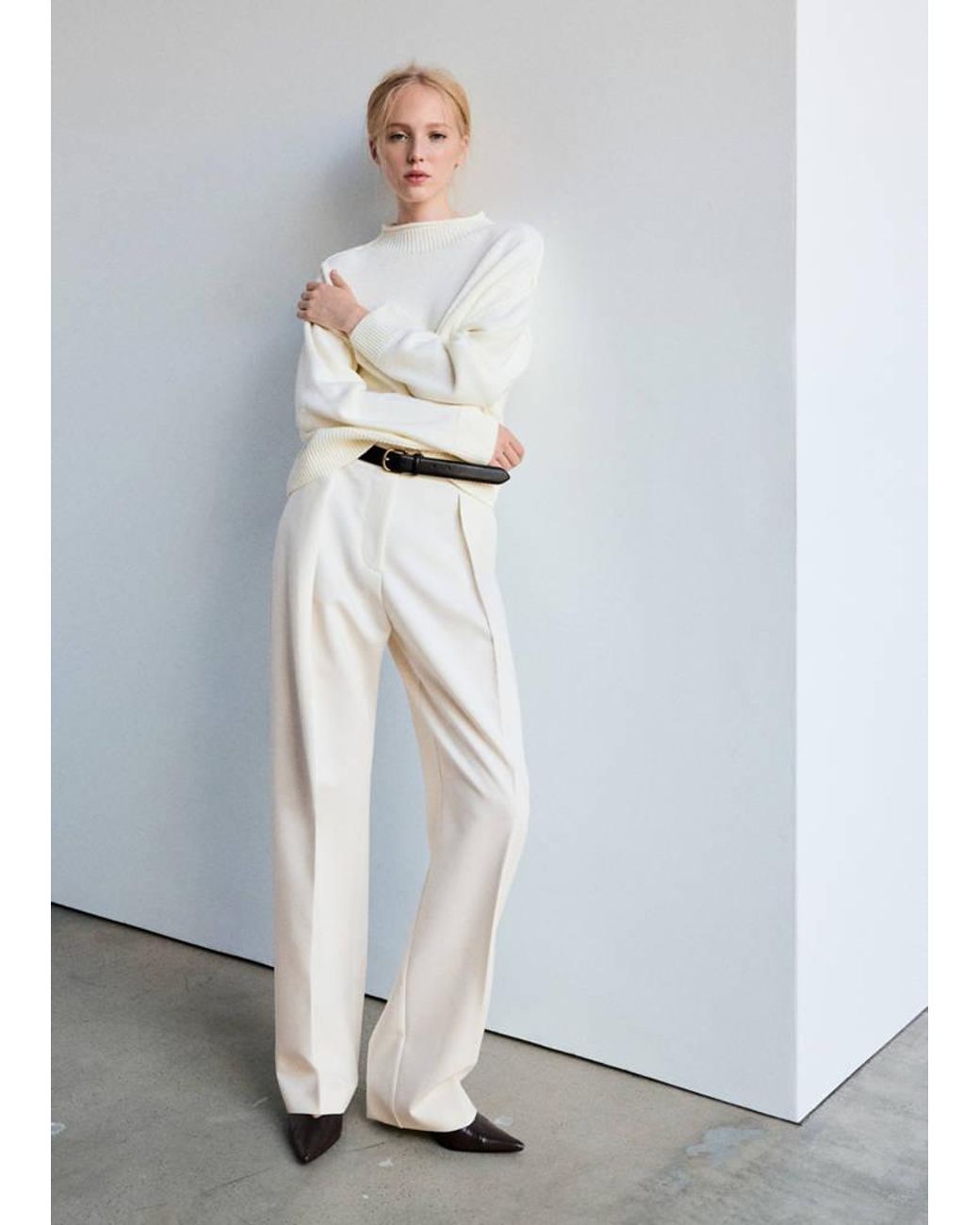 Mango White Straight-Fit Pleated Trousers