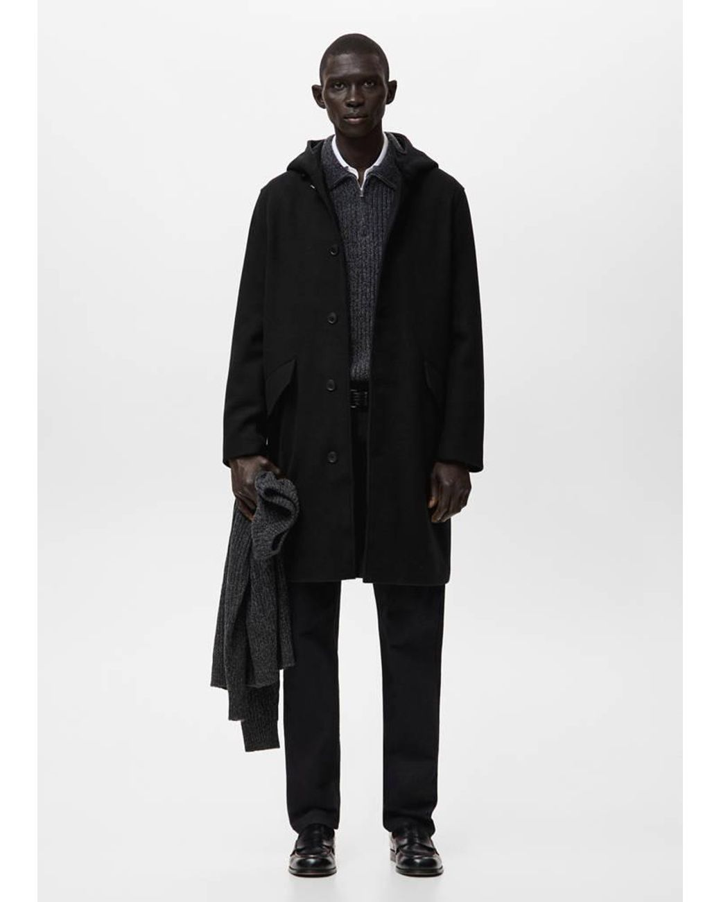 Mango Black Wool Blend Hooded Coat for men