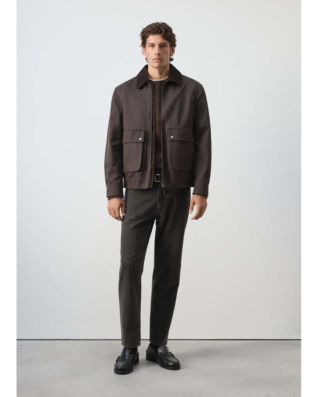 Mango Black 100% Cotton Jacket With Corduroy Collar for men