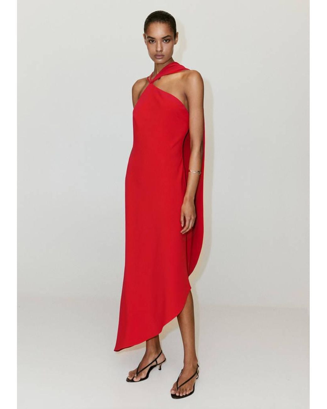 Mango Red Asymmetrical Dress With Scarf