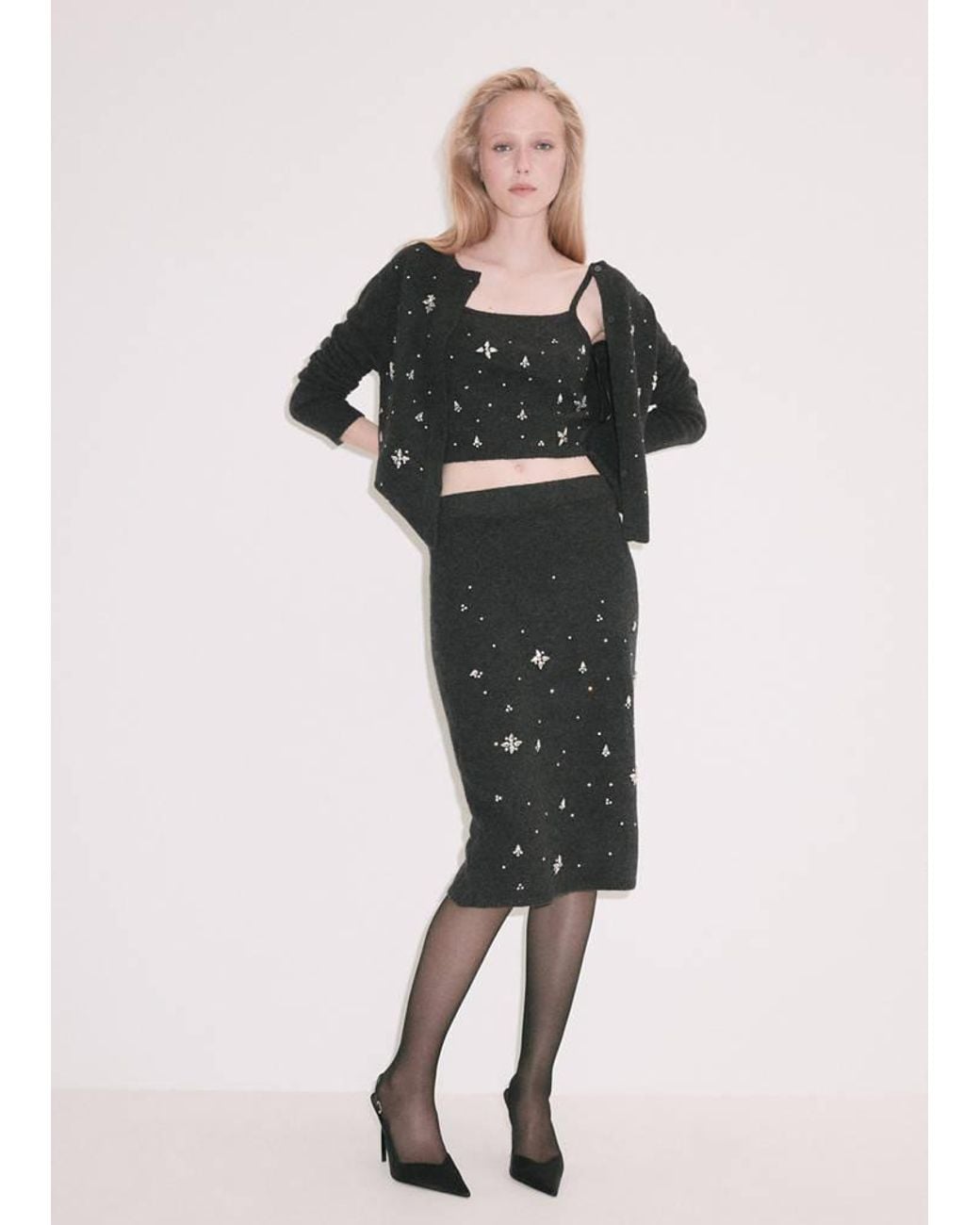 Mango Black Knitted Top With Crystal Detail