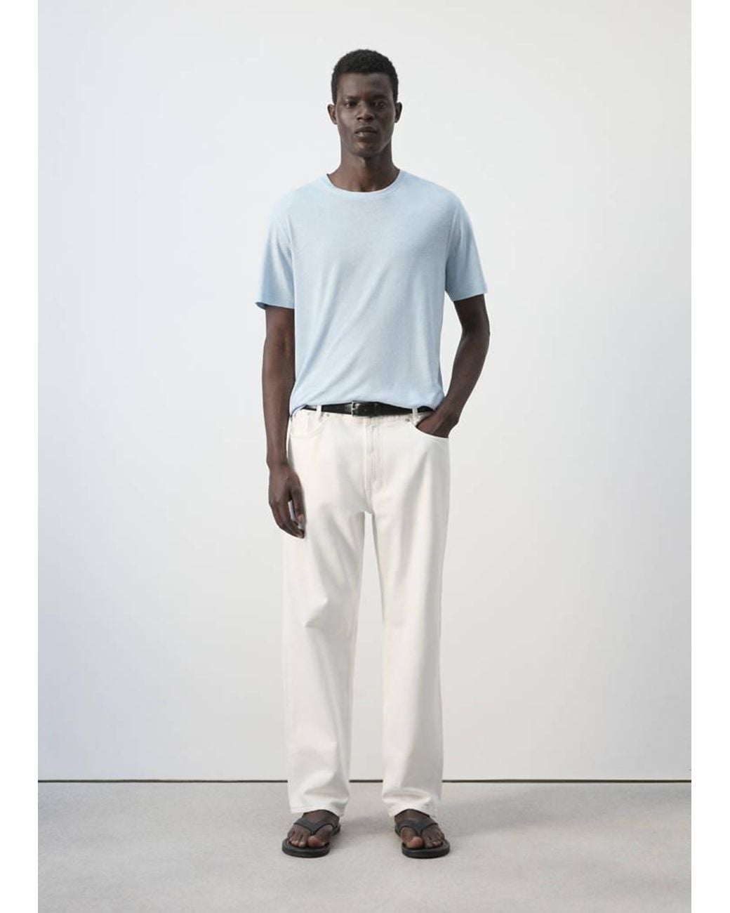 Mango White Linen Blend Slim Fit T-Shirt for men